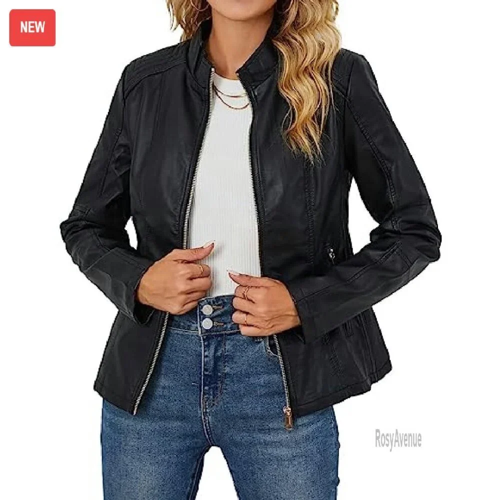 Faux Leather Motorcycle Jacket with Quilted Design and Pockets - Picture 4 of 8